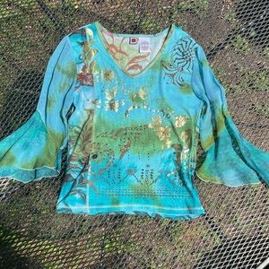 Y2k floral top sheer sleeves blue and green blouse vintage shirt women’s size M